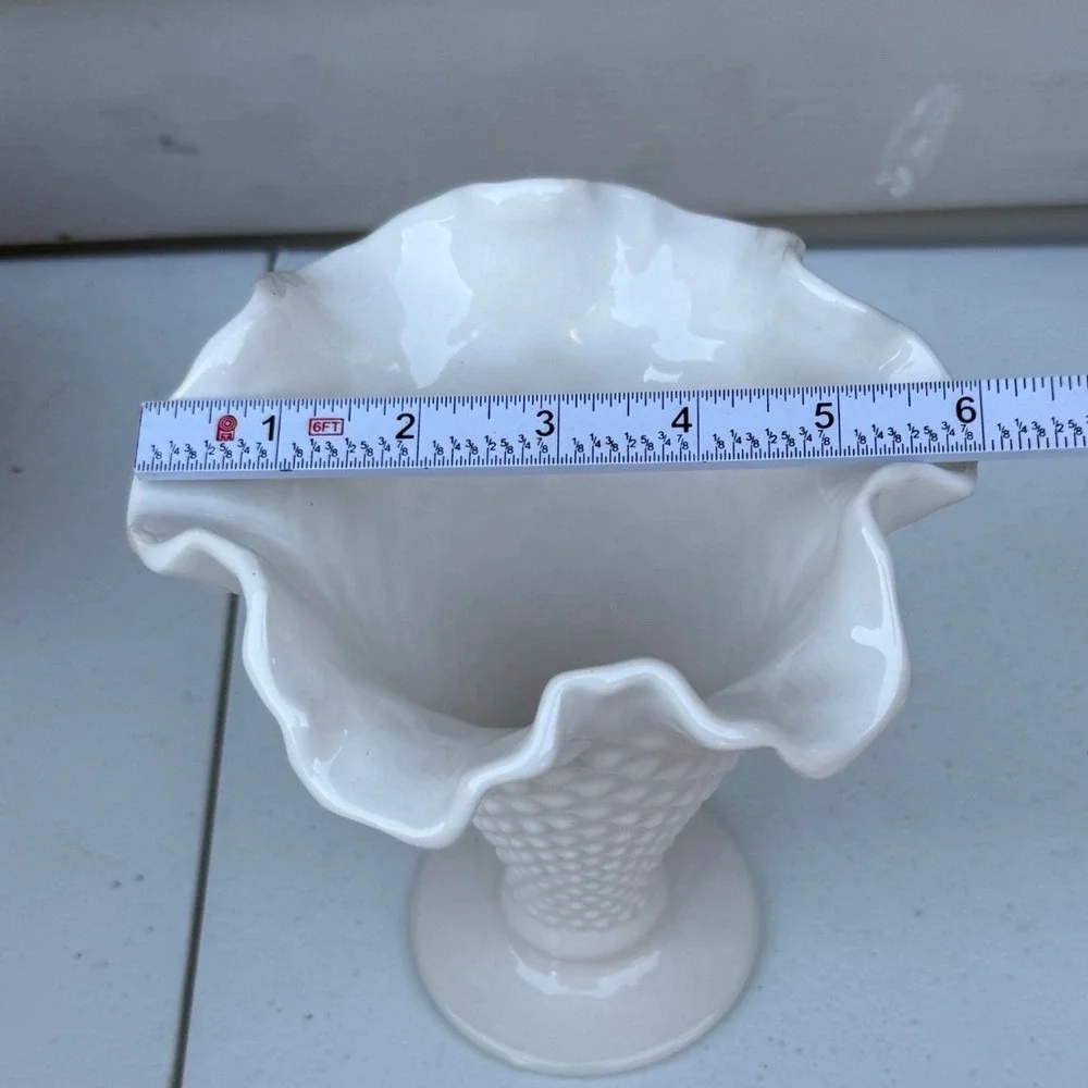 Vintage Daisy White Milk Glass Hobnail Ruffled Vase Cottage Farmhouse Decor